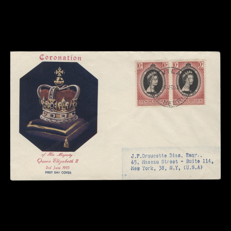 New Hebrides 1953 (FDC) 10c Coronation pair, VILA