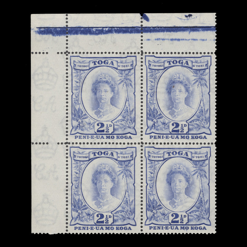 Tonga 1942 (Variety) 2½d Queen Salotte block with recut value
