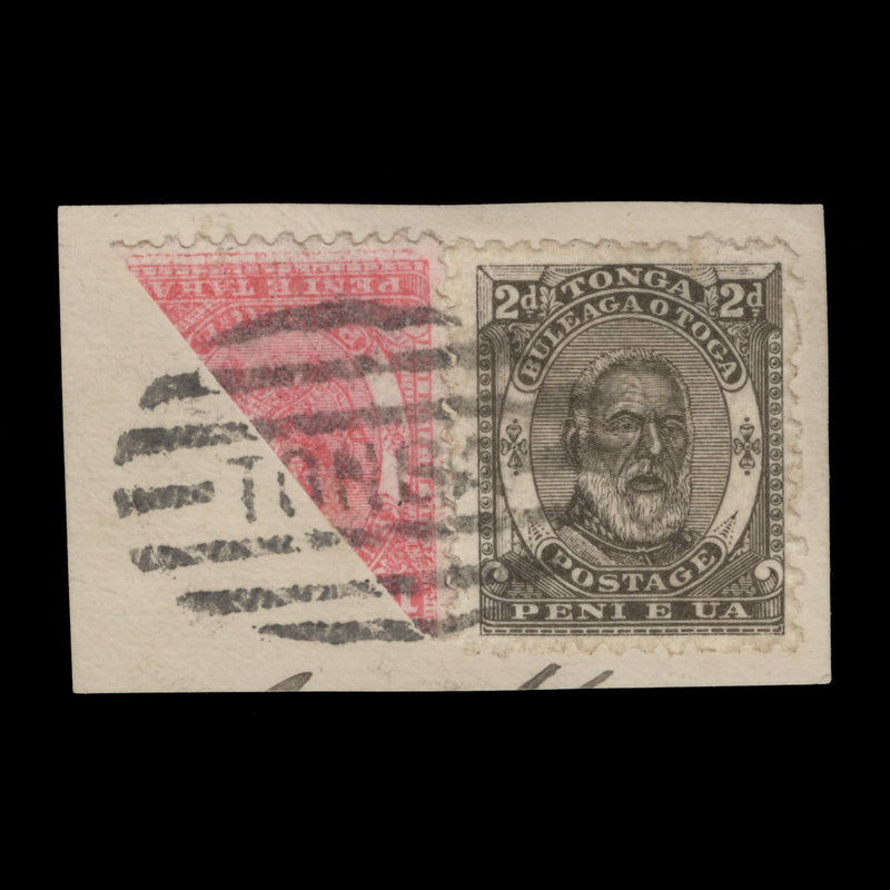 Tonga 1893 (Used) 1d Arms of Tonga bisect with printing partly double