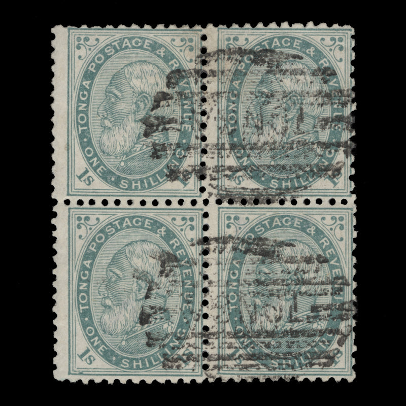 Tonga 1888 (Used) 1s King George I block, pale green, perf 12 x 11½