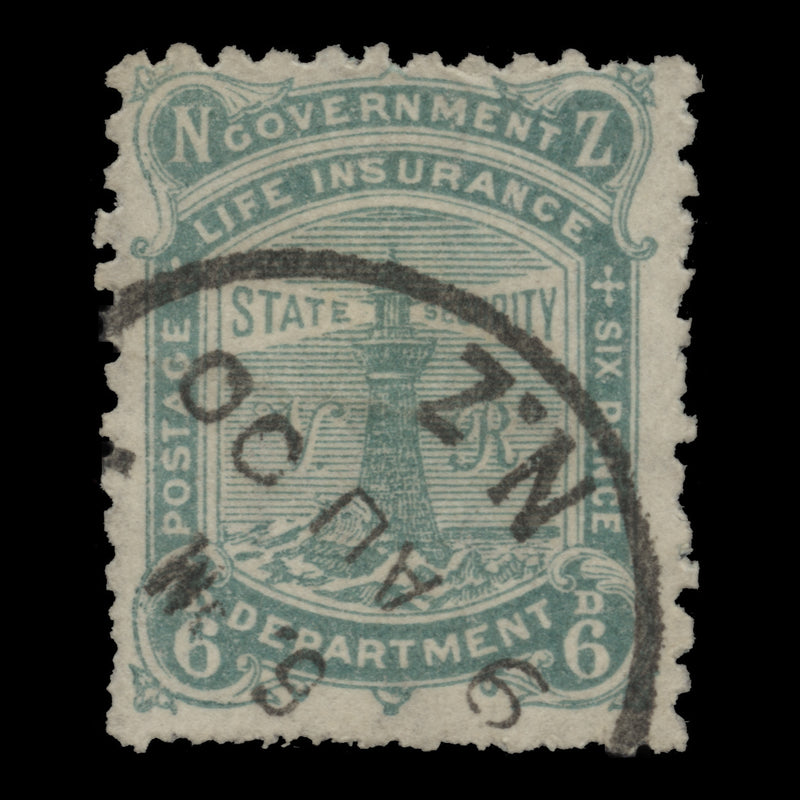 New Zealand 1891 (Used) 6d Green, life insurance, perf 12 x 11½