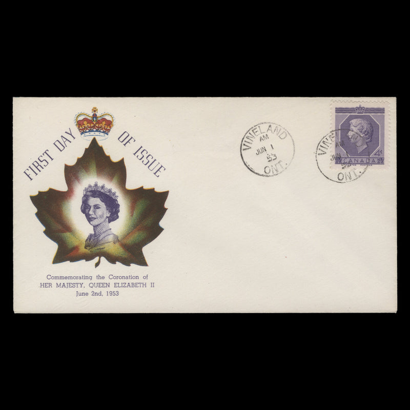 Canada 1953 (FDC) 4c Coronation, VINELAND