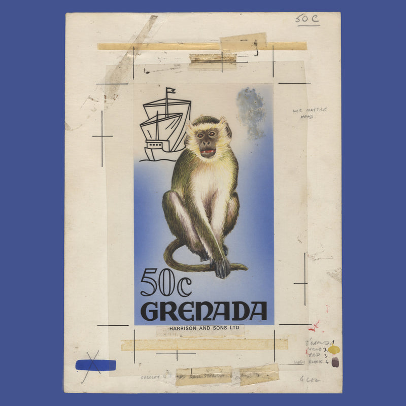 Grenada 1968 Mona Monkey original artwork by Maxim Shamir