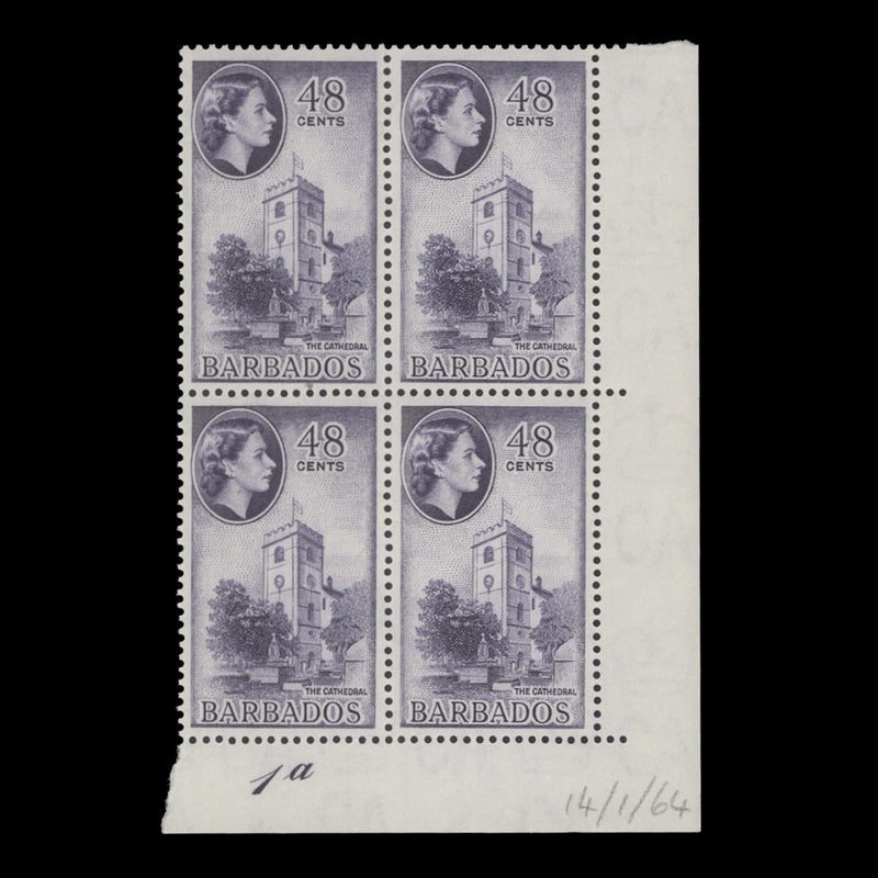 Barbados 1964 (MNH) 48c The Cathedral plate 1a block, St Edward's crown