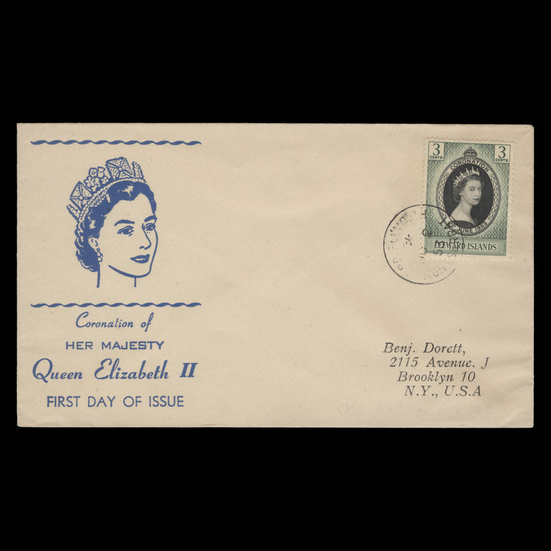Leeward Islands 1953 (FDC) 3c Coronation, PLYMOUTH
