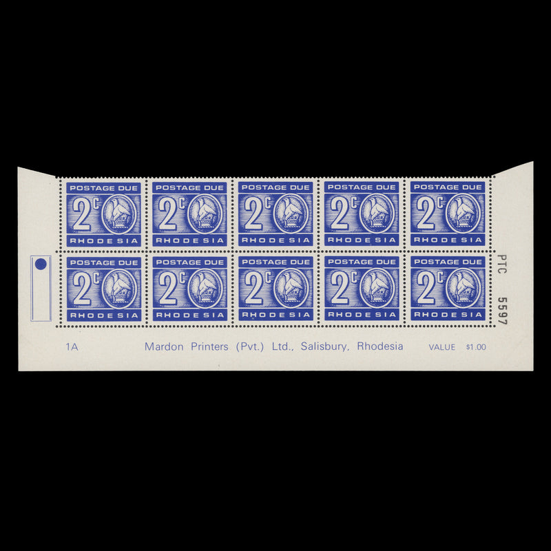 Rhodesia 1970 (MNH) 2c Postage Due imprint/plate 1A block, brown gum