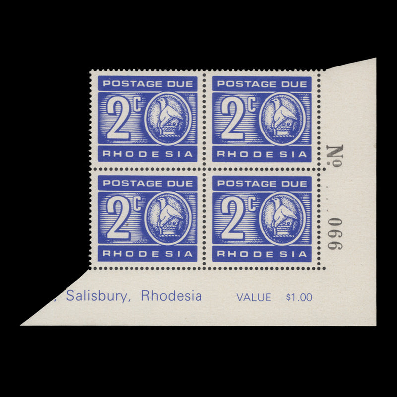 Rhodesia 1970 (MNH) 2c Postage Due value block, brown gum