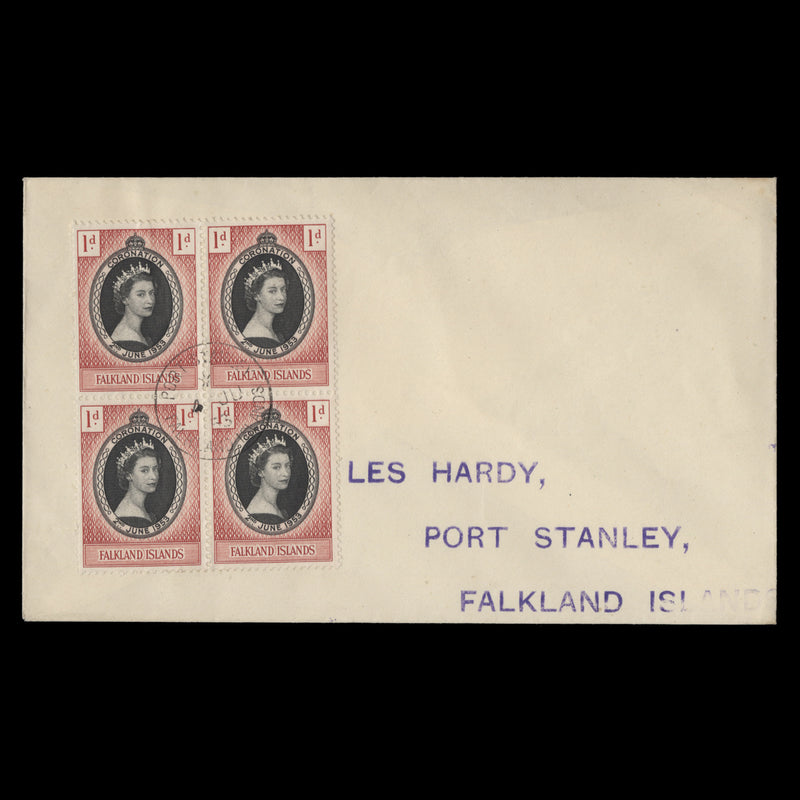 Falkland Islands 1953 (FDC) 1d Coronation block, PORT STANLEY