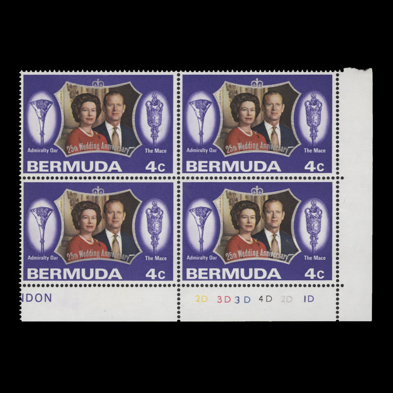 Bermuda 1972 (MLH) 4c Royal Silver Wedding plate 2D–3D–3D–4D–2D–1D block