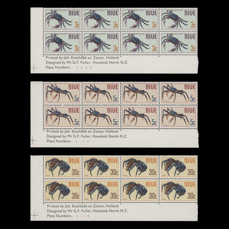 Niue 1970 (MNH) Crabs imprint/plate 1–1–1–1 blocks