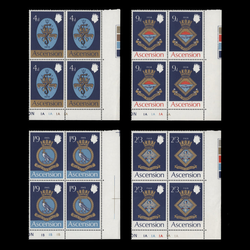 Ascension 1969 (MNH) Royal Naval Crests plate blocks