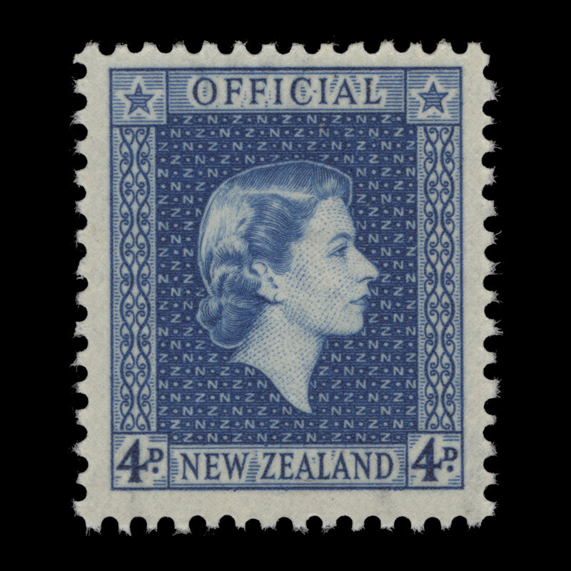 New Zealand 1954 (Variety) 4d Blue official printed on the gummed side