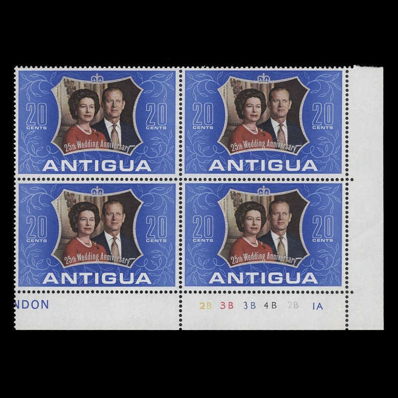 Antigua 1972 (MNH) 20c Royal Silver Wedding plate 2B–3B–3B–4B–2B–1A block