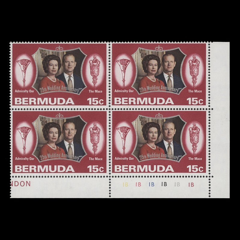 Bermuda 1972 (MNH) 15c Royal Silver Wedding plate 1B–1B–1B–1B–1B–1B block