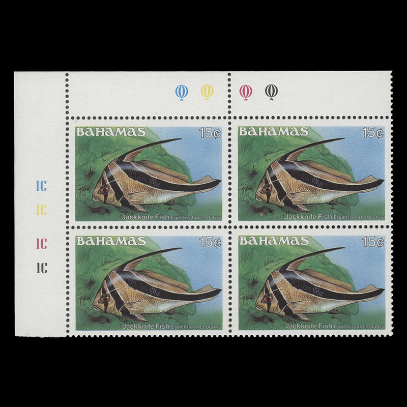 Bahamas 1986 (MNH) 15c Jackknife Fish traffic light/plate 1C–1C–1C–1C block