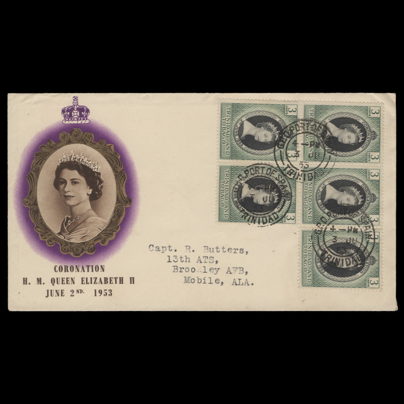 Trinidad & Tobago 1953 (FDC) 3c Coronation block, PORT OF SPAIN