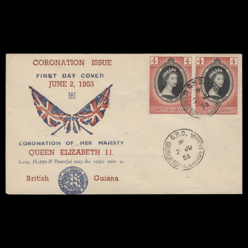 British Guiana 1953 (FDC) 4c Coronation pair, GEORGETOWN