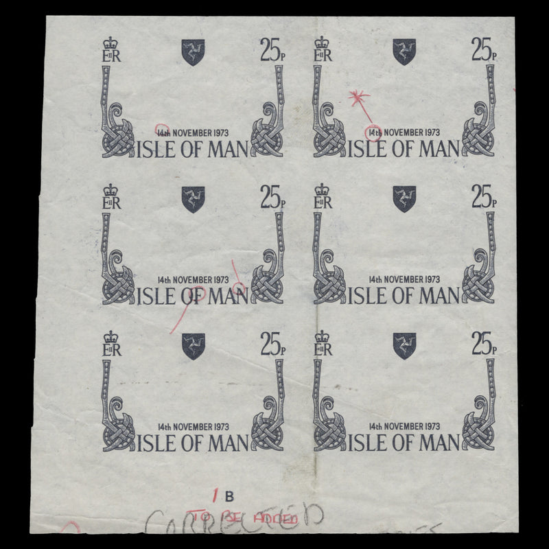 Isle of Man 1973 Royal Wedding imperf proof plate block in black