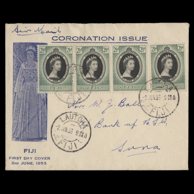 Fiji 1953 (FDC) 2½d Coronation pair and singles, LAUTOKA