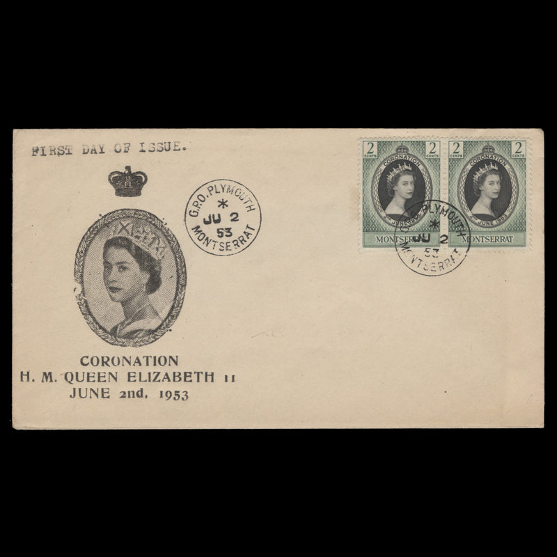Montserrat 1953 (FDC) 2c Coronation pair, PLYMOUTH