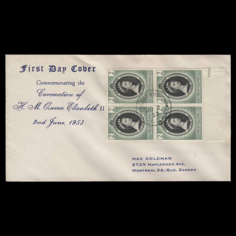 British Virgin Islands 1953 (FDC) 2c Coronation block, ROAD TOWN