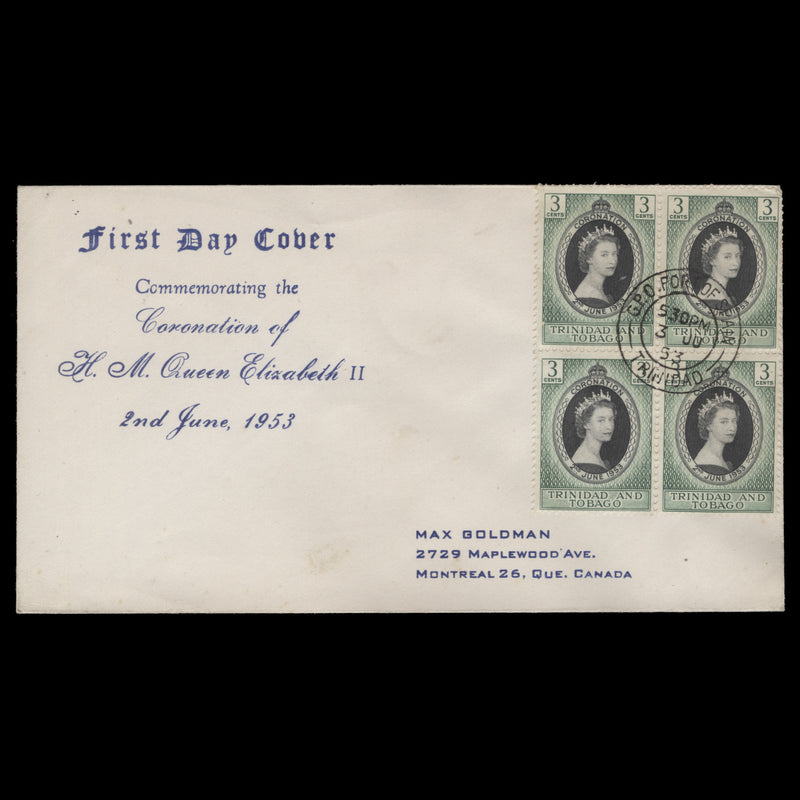 Trinidad & Tobago 1953 (FDC) 3c Coronation block, PORT OF SPAIN