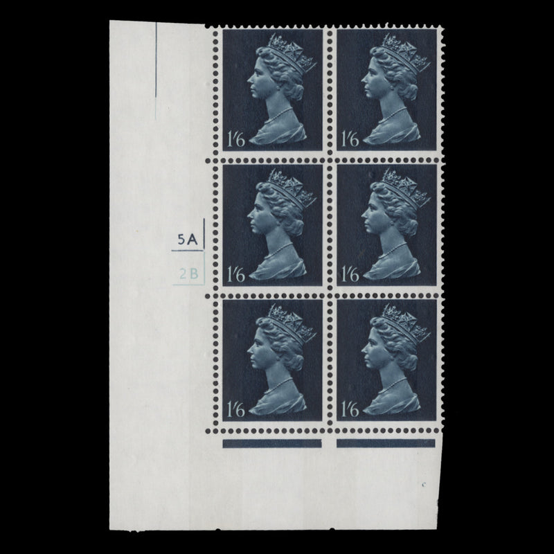 Great Britain 1968 (MNH) 1s 6d Indigo & Prussian Blue cyl 5A–2B block