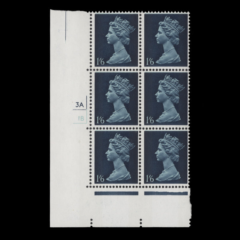 Great Britain 1968 (MNH) 1s 6d Indigo & Prussian Blue cyl 3A–1B block