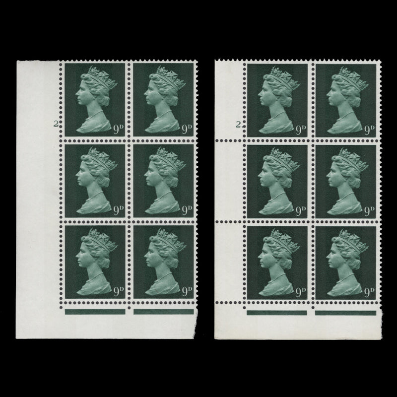 Great Britain 1967 (MNH) 9d Myrtle-Green cylinder 2 and 2. blocks