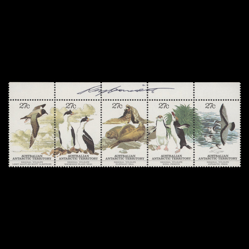 Australian Antarctic Territory 1983 Regional Wildlife strip signed by Ray Honisett