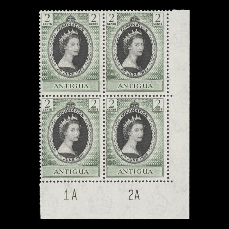 Antigua 1953 (MNH) 2c Coronation plate 1A–2A block