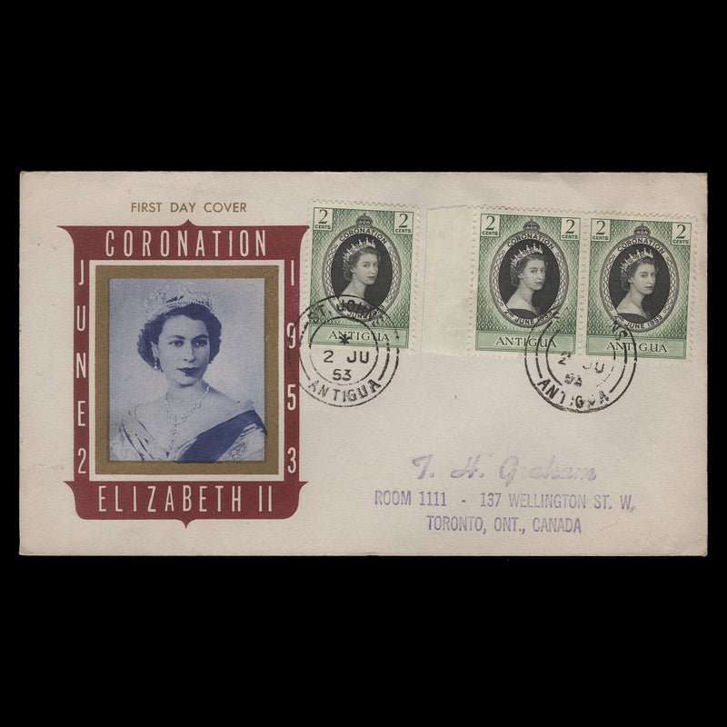 Antigua 1953 (FDC) 2c Coronation pair and single, ST JOHNS