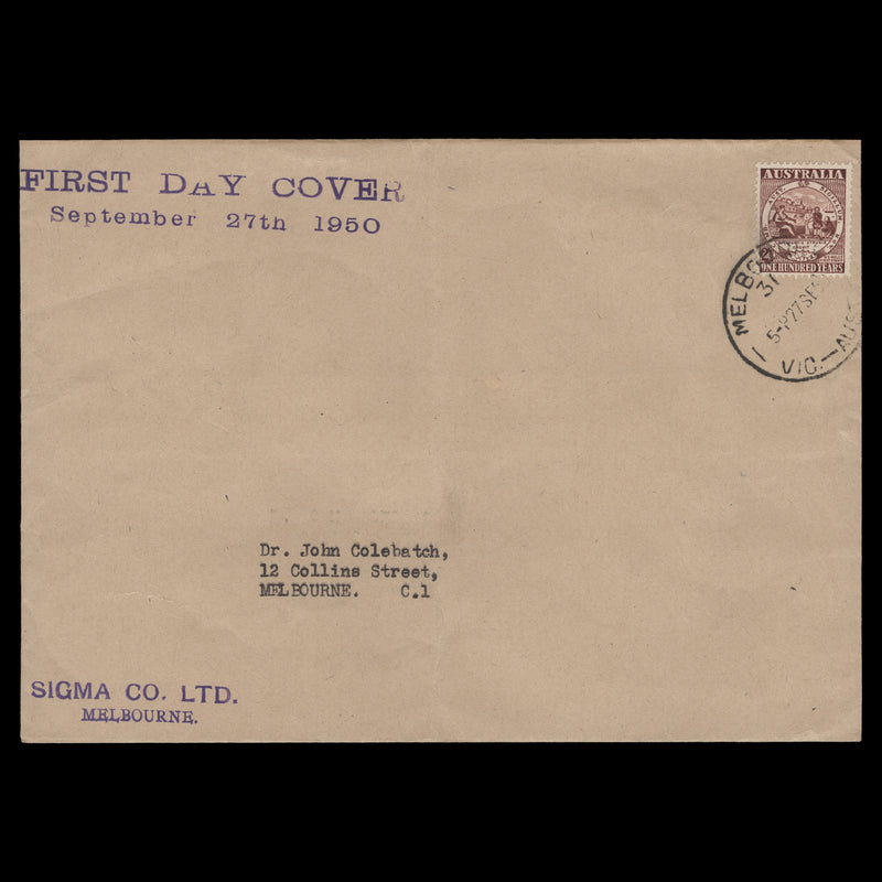 Australia 1950 (FDC) 2½d Postage Stamp Centenary, MELBOURNE