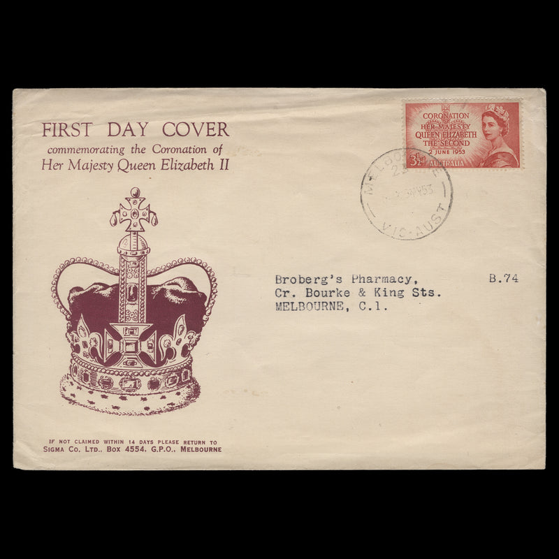 Australia 1953 (FDC) 3½d Coronation, MELBOURNE