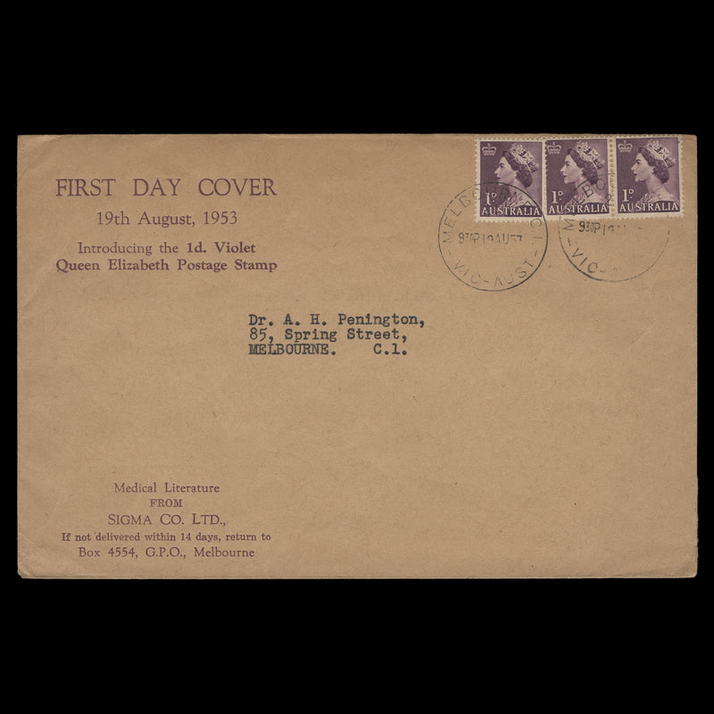 Australia 1953 (FDC) 1d Queen Elizabeth II single and pair, MELBOURNE