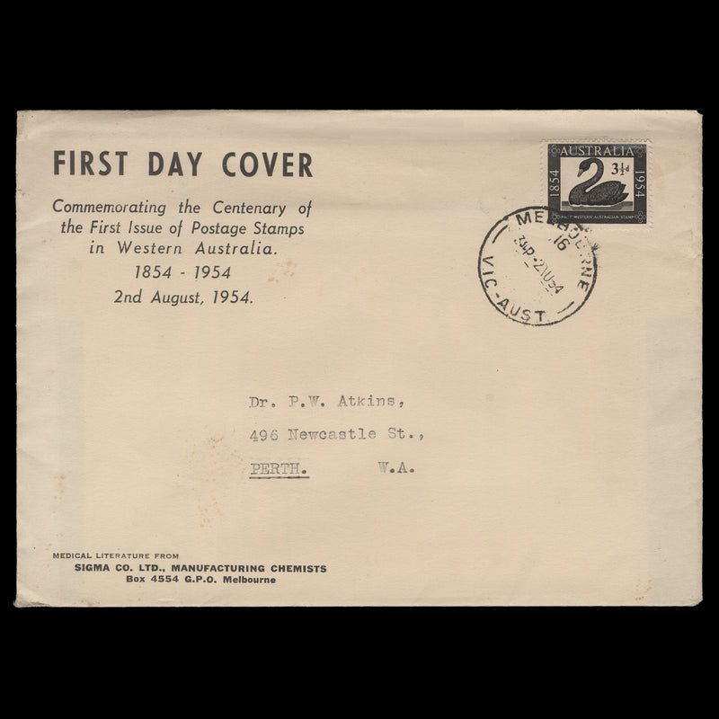 Australia 1954 (FDC) 3½d Western Australia Stamp Centenary, MELBOURNE