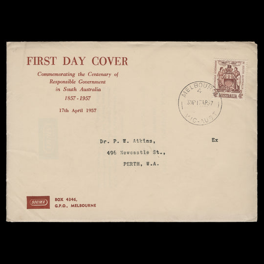 Australia 1957 (FDC) 4d Responsible Government Centenary, MELBOURNE