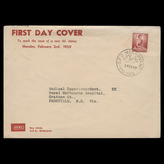 Australia 1959 (FDC) 4d Queen Elizabeth II, MELBOURNE