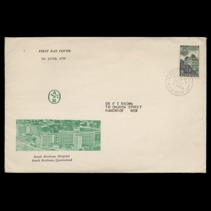 Australia 1959 (FDC) 4d Queensland Centenary, SYDNEY