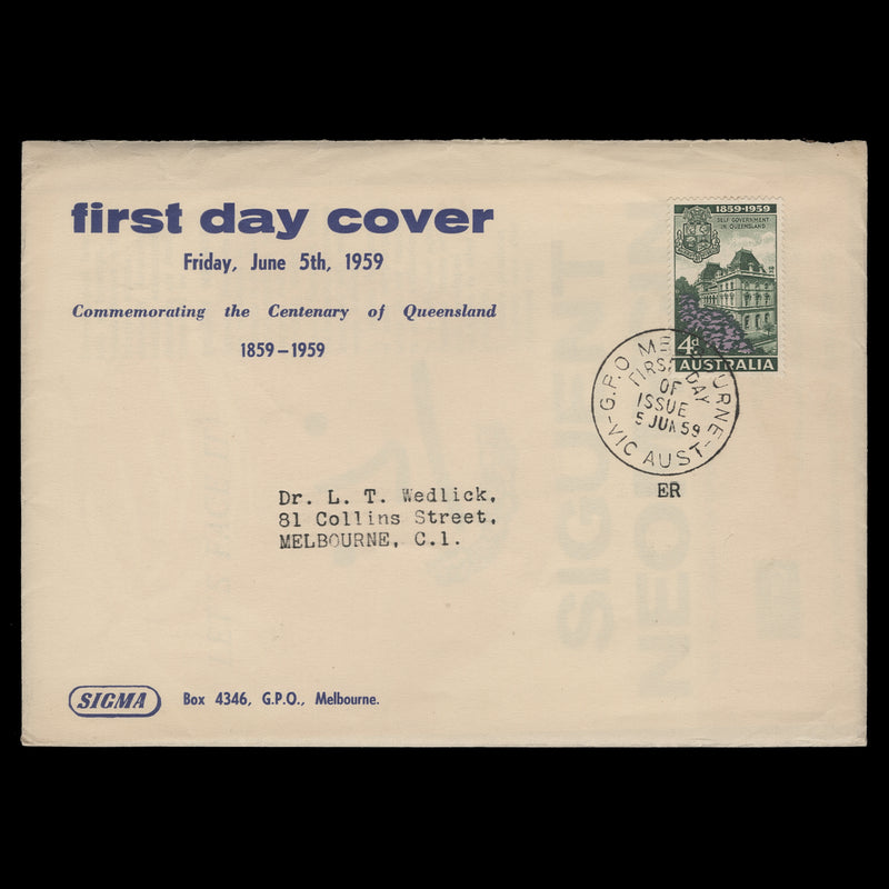 Australia 1959 (FDC) 4d Queensland Centenary, MELBOURNE