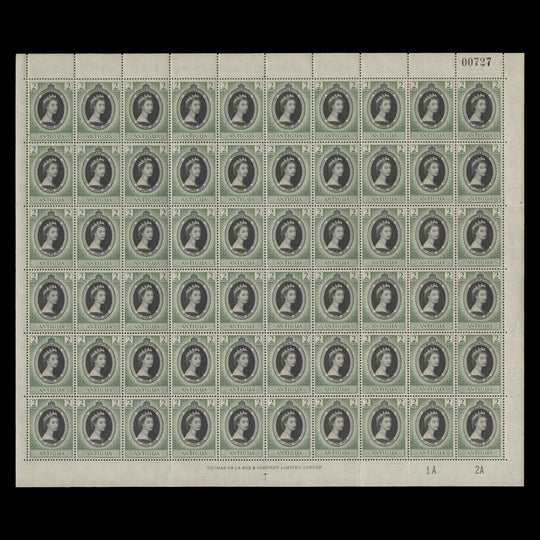 Antigua 1953 (MNH) 2c Coronation plate 1A–2A pane of 60 stamps