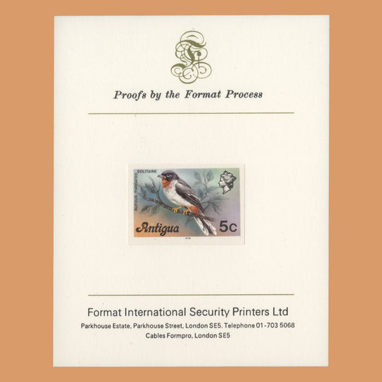 Antigua 1978 Rufous-Throated Solitaire imperf proof on presentation card