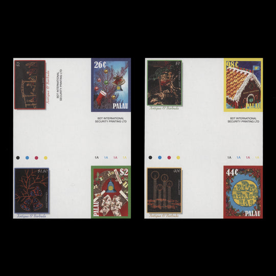 Antigua & Barbuda/Palau 2009 Christmas imperf proof cross-gutter blocks