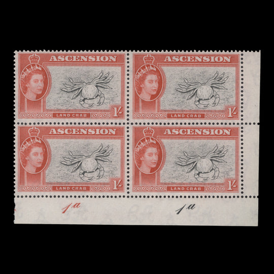 Ascension 1956 (MNH) 1s Land Crab plate 1a–1a block