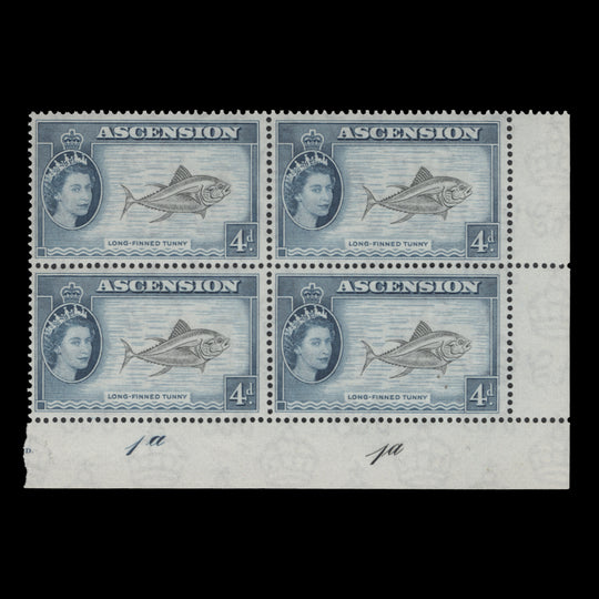 Ascension 1956 (MNH) 4d Long-Finned Tunny plate 1a–1a block