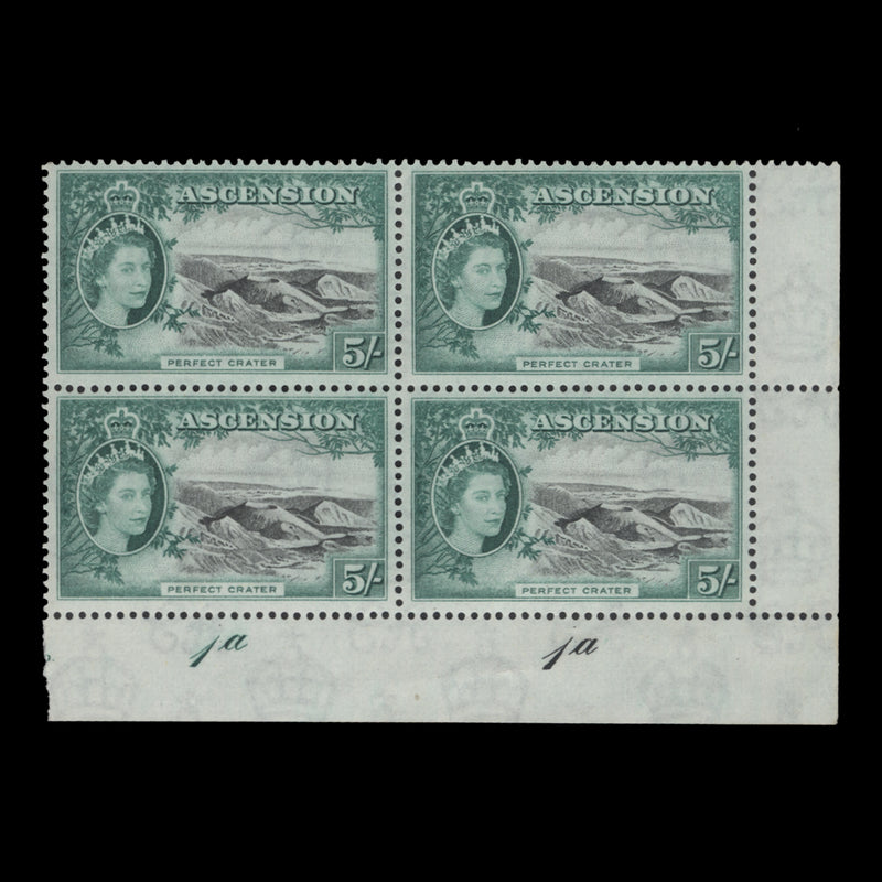 Ascension 1956 (MNH) 5s Perfect Crater plate 1a–1a block
