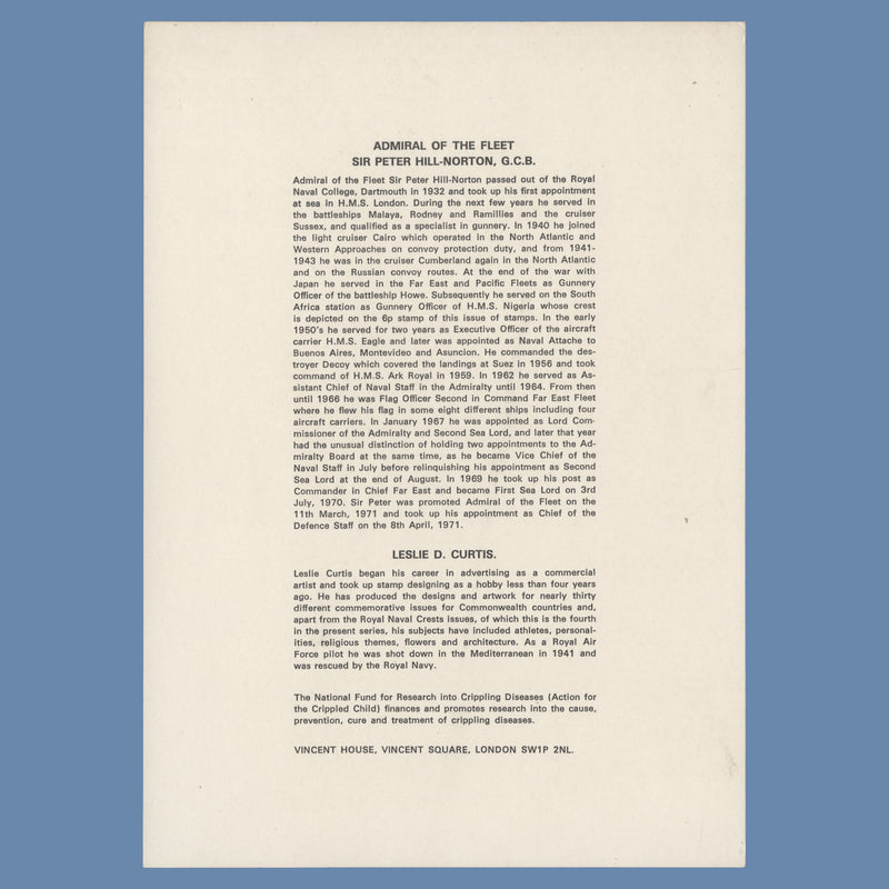 Ascension 1972 Royal Naval Crests miniature sheet on presentation card signed by designer