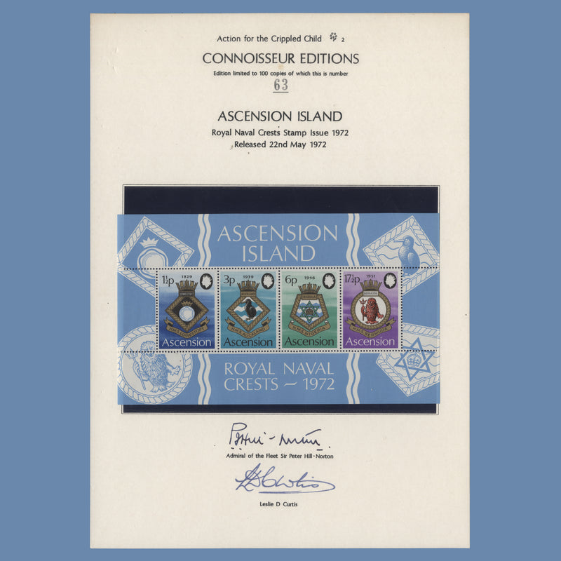 Ascension 1972 Royal Naval Crests miniature sheet on presentation card signed by designer