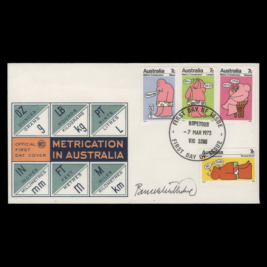 Australia 1973 Metric Conversion first day cover signed by the designer