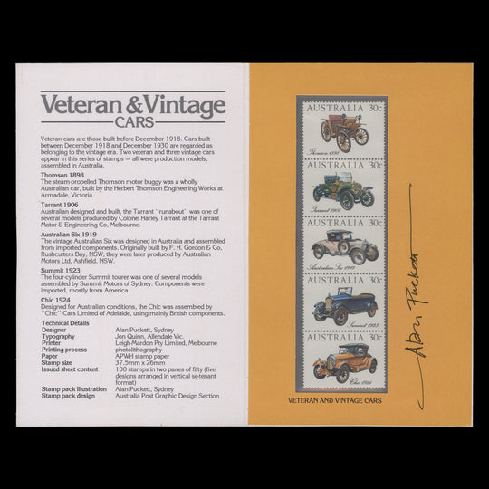 Australia 1984 Vintage Cars presentation pack signed by the designer